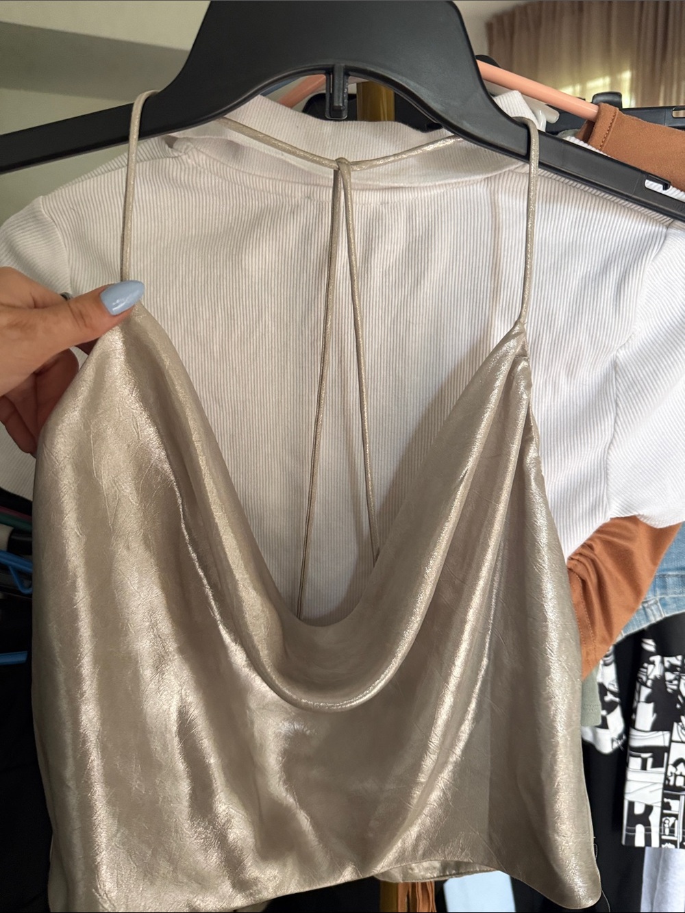 Zara Metallic Champagne Cowl Neck Satin Camisole